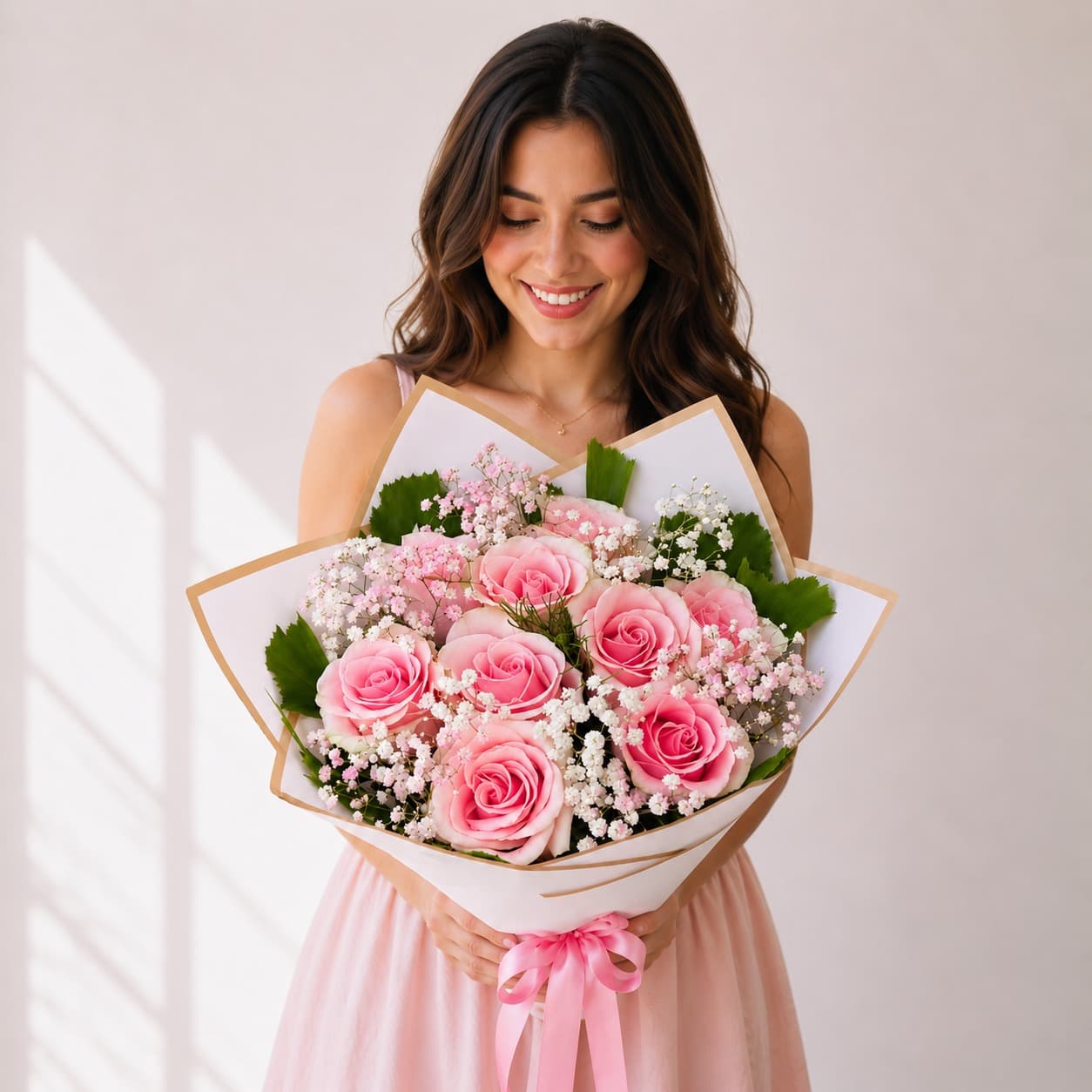 Mujer sonriendo mientras sostiene un ramo de rosas rosadas envuelto en papel blanco con cinta rosa